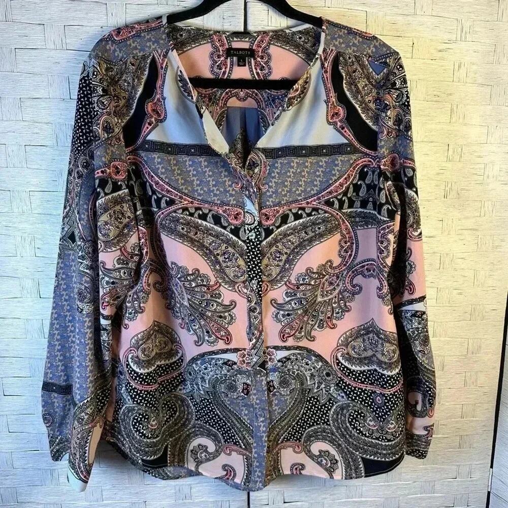 Talbots Womens Blouse Silk Paisley colorful paisley squirrel Bohemian hippie